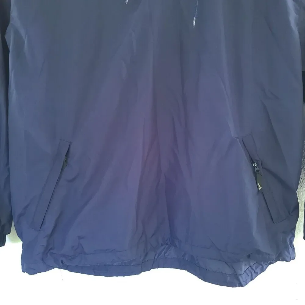 VTG 90s Adidas XL Navy Hooded Windbreaker Jacket 3 Stripe Embroidered Unisex EUC
